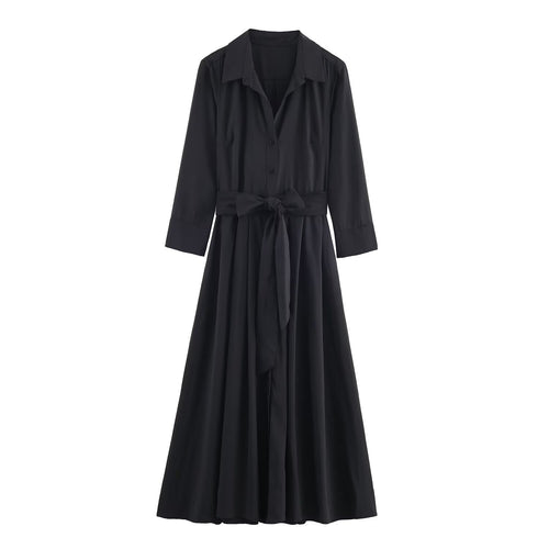 Damen Maxikleid im Hemdblusenstil mit Bindegürtel und schwingendem A‑Linienrock Drune