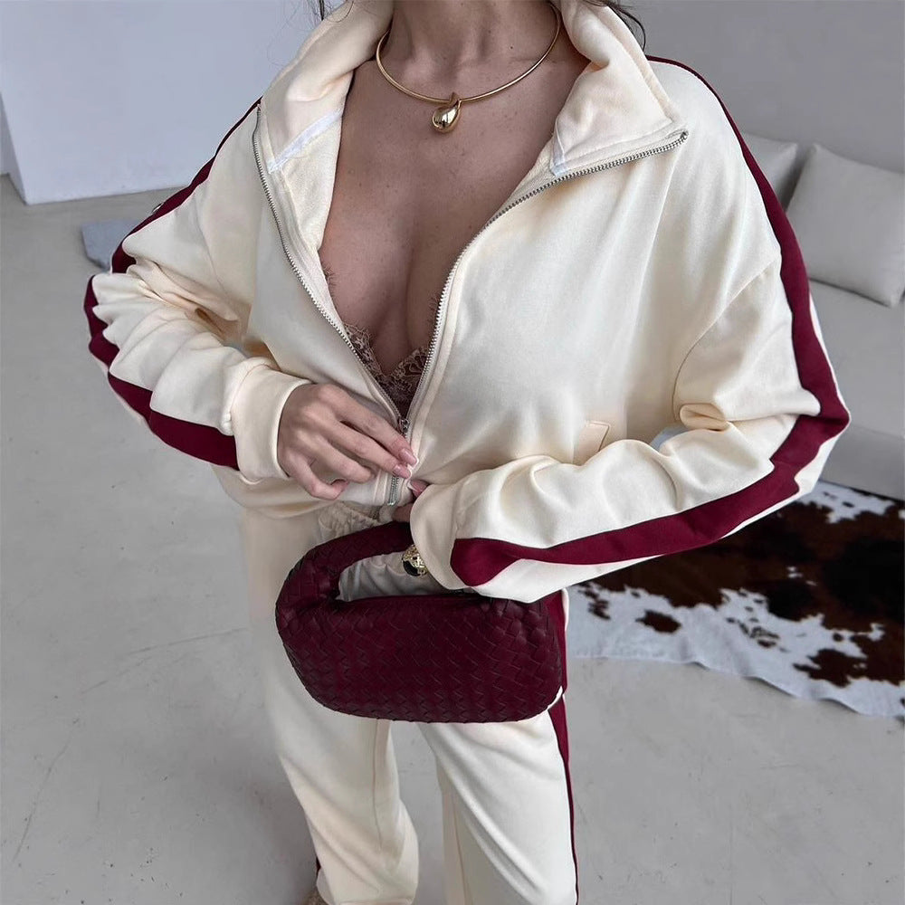 Damen Velours-Loungewear-Set mit Stehkragen, Zip-Jacke und weitem Palazzo-Hosenbein Drune