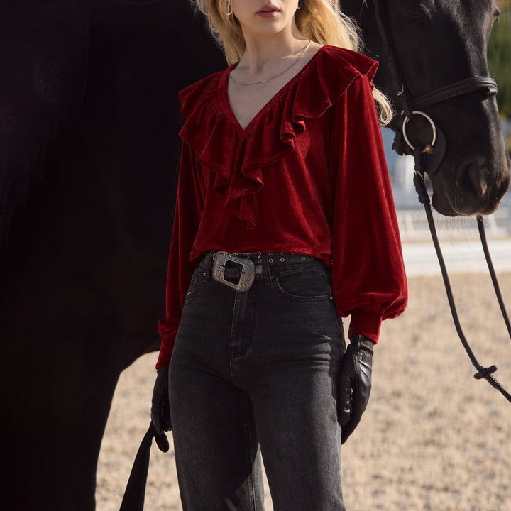 Damen schimmernde V-Neck Rüschenbluse mit Ballonärmeln und elastischen Bündchen Drune