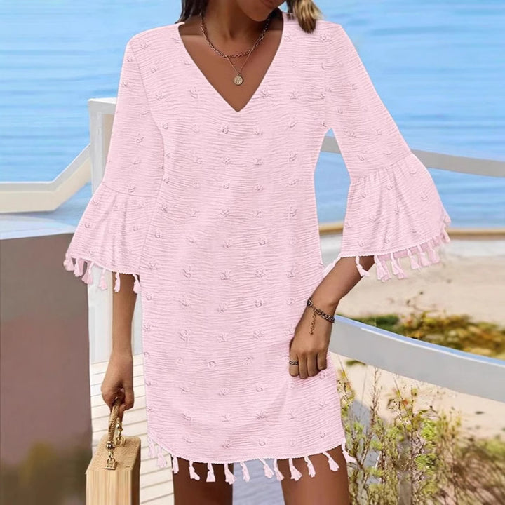 Damen Strandkleid mit modischen Fransen und V-Ausschnitt Drune