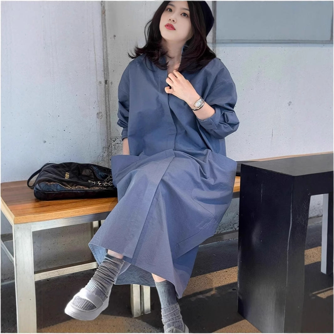 Damen Langes Oversize-Hemdblusenkleid aus Baumwollpopeline mit seitlichen Eingrifftaschen und Rückenpasse Drune