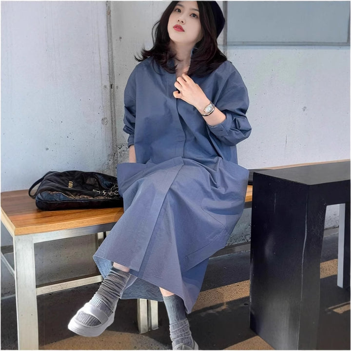 Damen Langes Oversize-Hemdblusenkleid aus Baumwollpopeline mit seitlichen Eingrifftaschen und Rückenpasse Drune