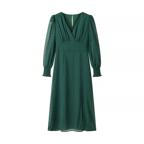 Damen nan gerafftes V-Neck Midikleid mit punktstruktur, gesmokten Manschetten und seitlichem Schlitz Drune