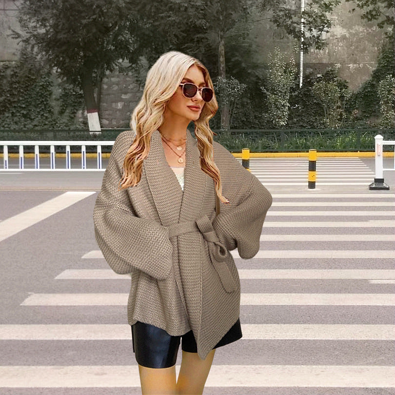 Damen Grobstrick Cardigan mit Gürtel und lockerem Schnitt Drune