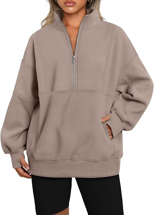Damen Oversized Sweatshirt mit halbem Reißverschluss, Kängurutasche und Stehkragen Drune