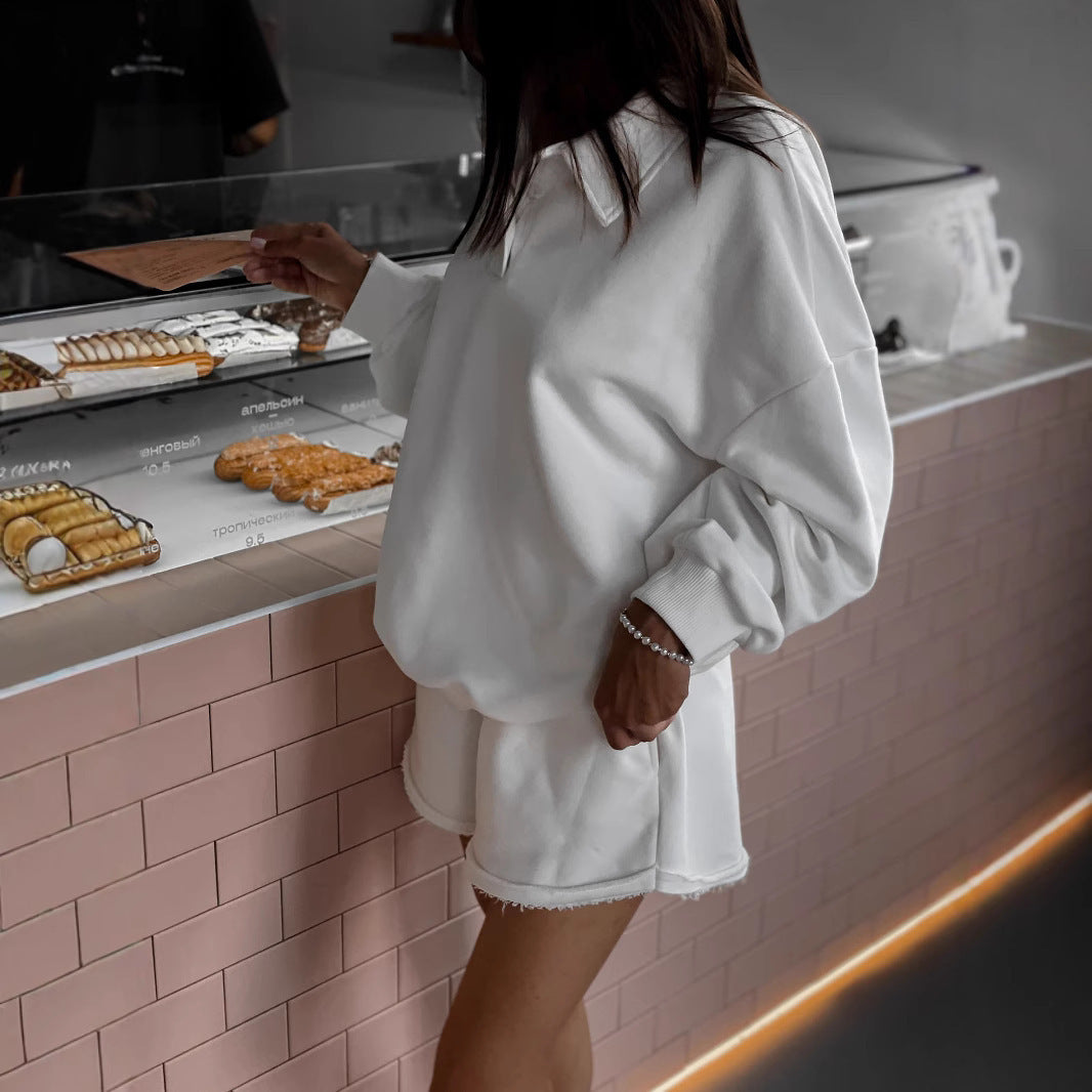 Damen Relaxed-Frottee-Loungewear-Set mit Oversize-Sweatshirt und ausgefransten Shorts Drune