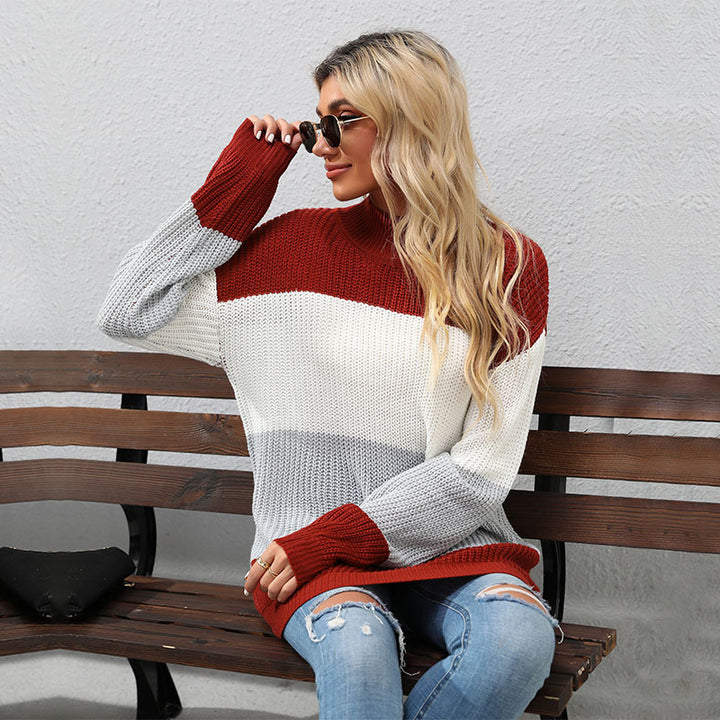 Damen Strickpullover mit Blockstreifen und Stehkragen Drune