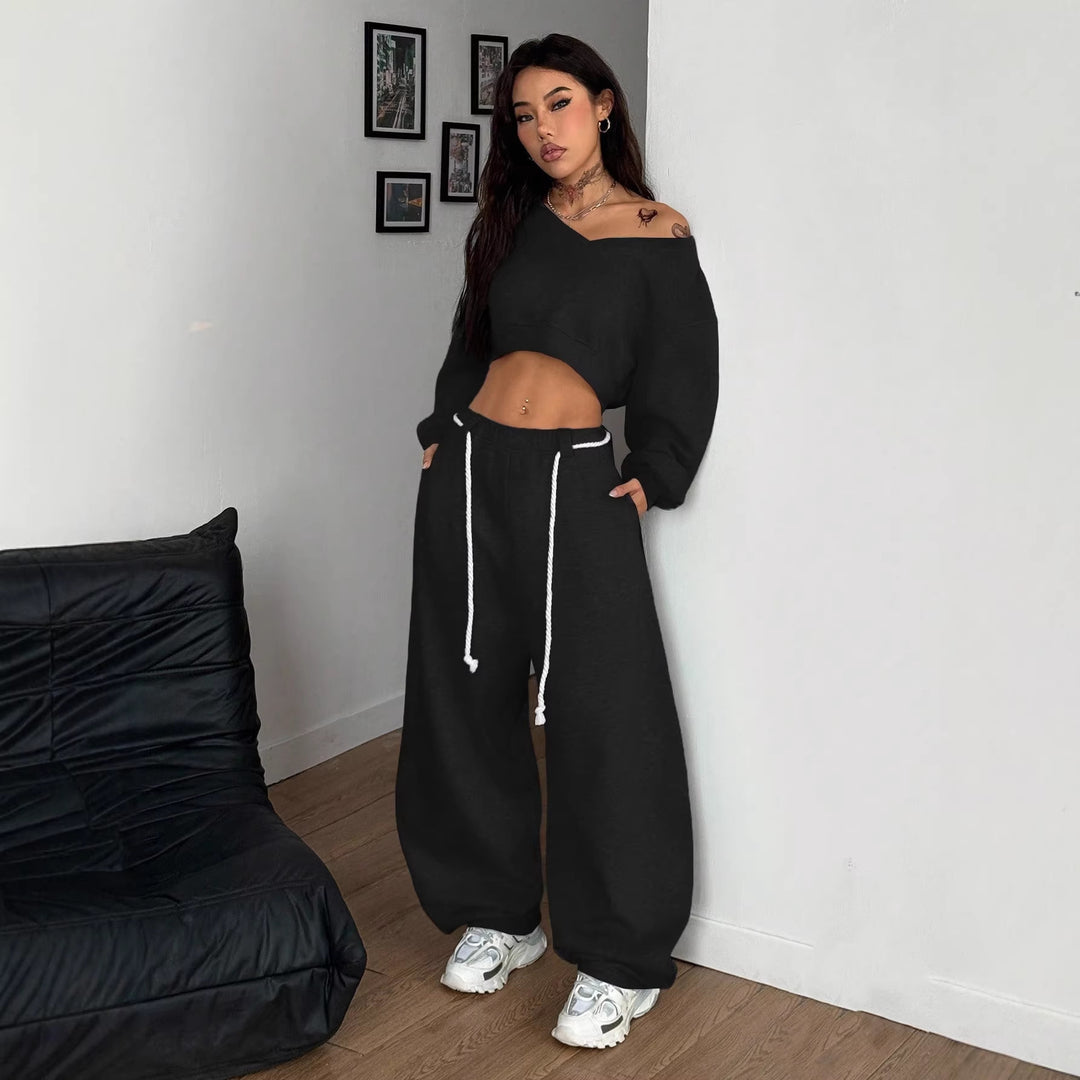Damen lässiges Crop-Top und weite Hose Set Drune