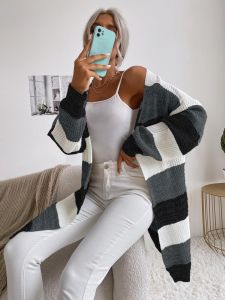 Damen Lässiger Strickmantel mit Streifen Drune