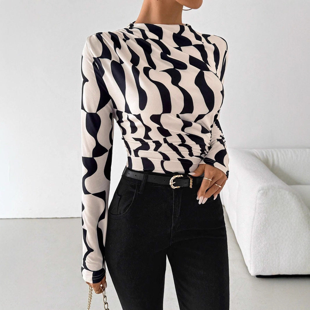 Damen nan tailliertes Langarmshirt mit seitlicher Raffung und Wasserfallausschnitt Drune