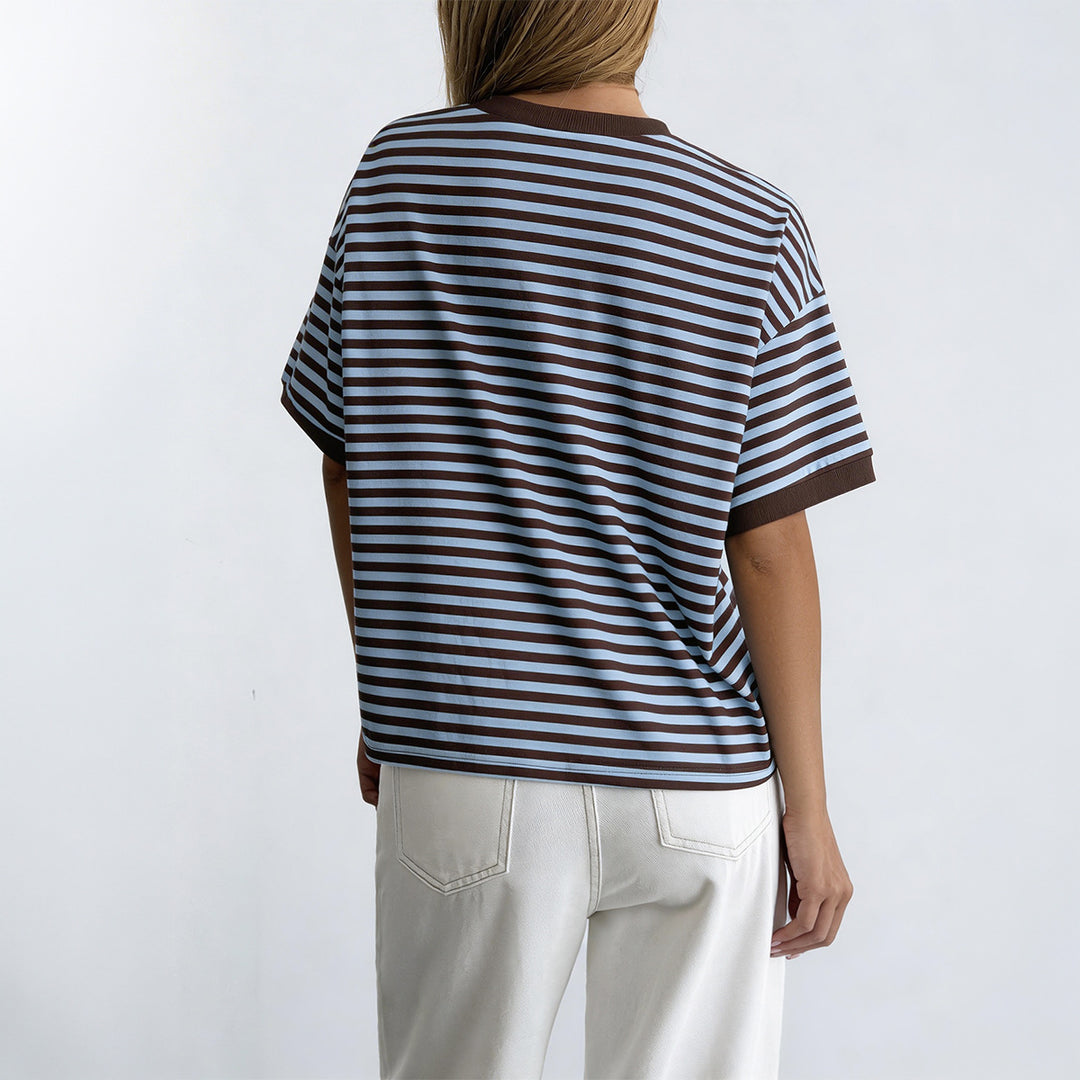 Damen Oversized Streifen-T-Shirt mit Kurzarm und Rundhalsausschnitt Drune