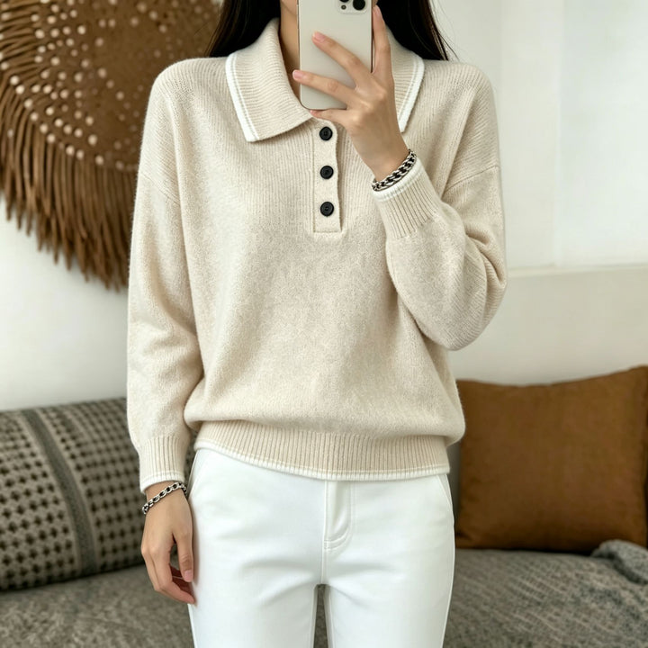 Damen Polokragen‑Strickpullover mit Knopfleiste und gerippten Bündchen Drune