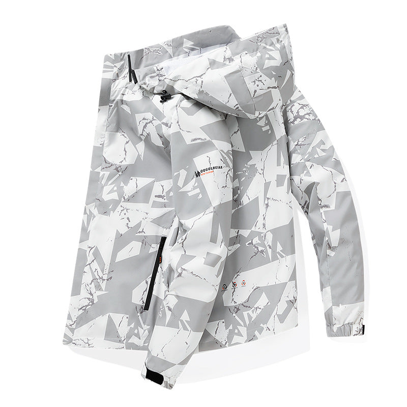Herren Wasserabweisende Kapuzen-Softshell‑Übergangsjacke mit Camouflage‑Marmorprint, verstellbarem Saum & Reißverschlusstaschen Drune