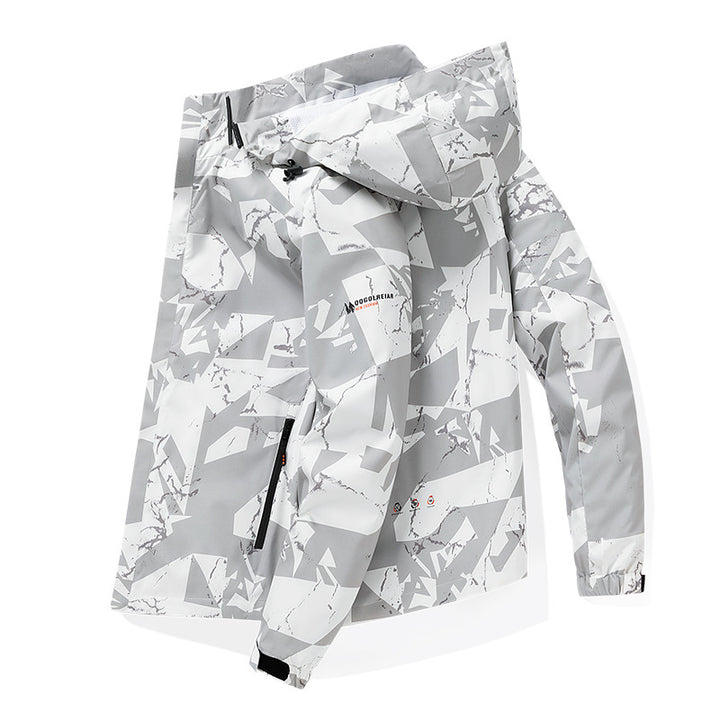 Herren Wasserabweisende Kapuzen-Softshell‑Übergangsjacke mit Camouflage‑Marmorprint, verstellbarem Saum & Reißverschlusstaschen Drune