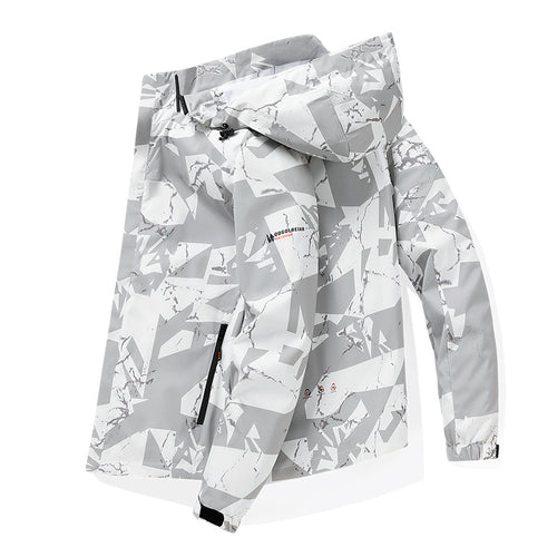 Herren Wasserabweisende Kapuzen-Softshell‑Übergangsjacke mit Camouflage‑Marmorprint, verstellbarem Saum & Reißverschlusstaschen Drune