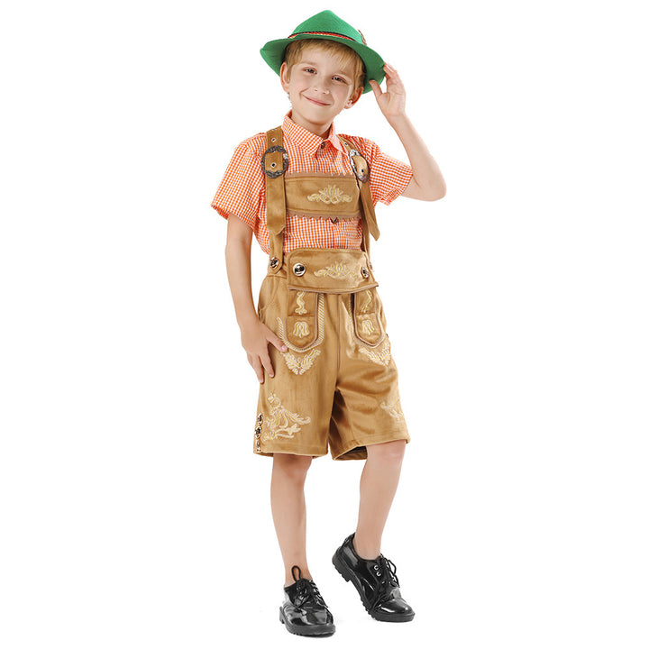 Unisex nan traditionelles Kinder Trachten-Set Lederhose mit Stickerei und kariertem Hemd Drune