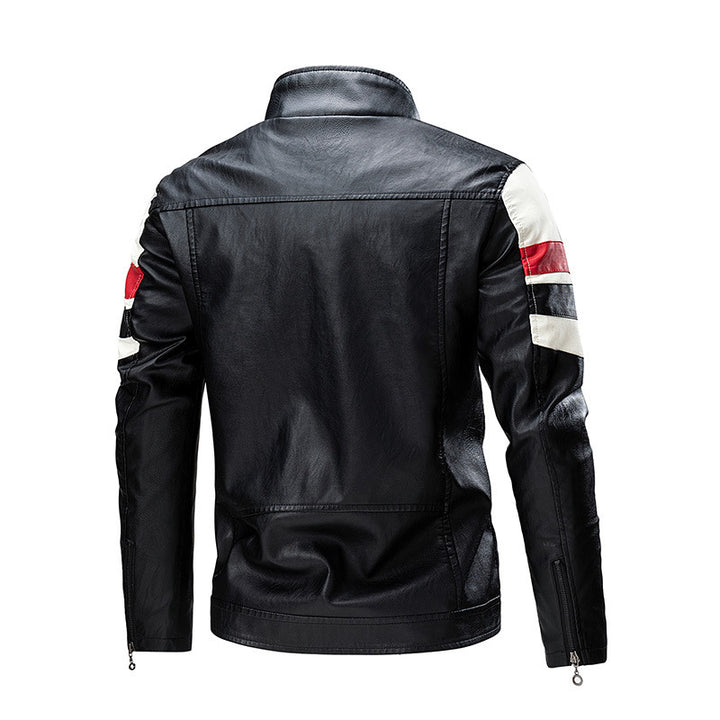 Herren Motorrad-Lederjacke im Retro-Racing-Look mit Kontraststreifen und Stehkragen Drune