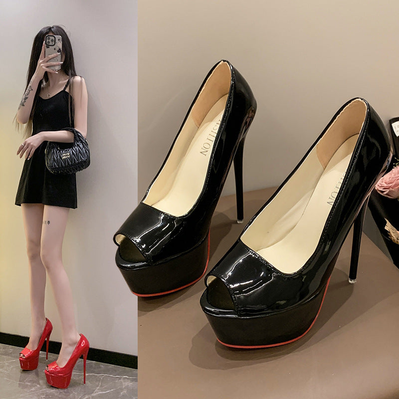 Damen Offene Zehen Plateau‑Stiletto mit hohem Absatz und Lackfinish Drune