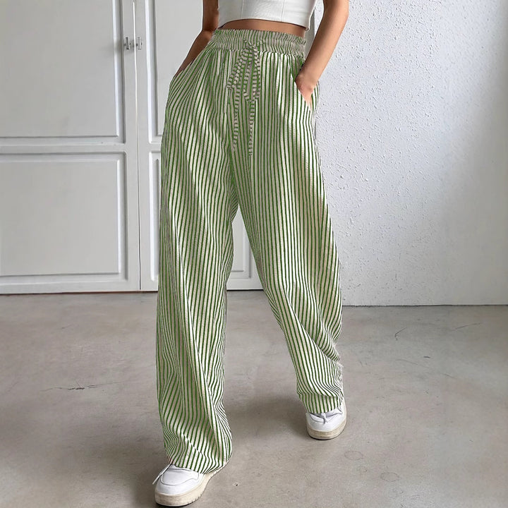 Damen Marlene-Streifenhose aus Leinenmix mit weitem Bein, Elastikbund und Kordelzug Drune