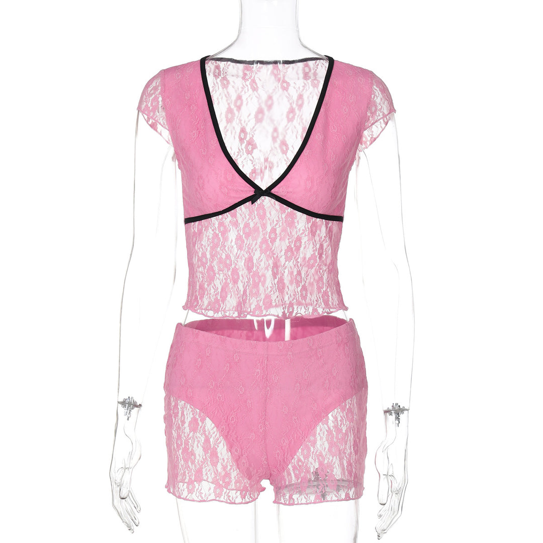 Damen Spitzenoberteil mit Shorts-Set Drune