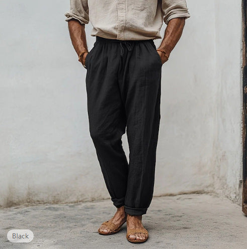 Herren lässige Leinenmisch-Joggerhose mit Kordelzug, angeschrägten Eingrifftaschen und schmalem Knöchelabschluss Drune