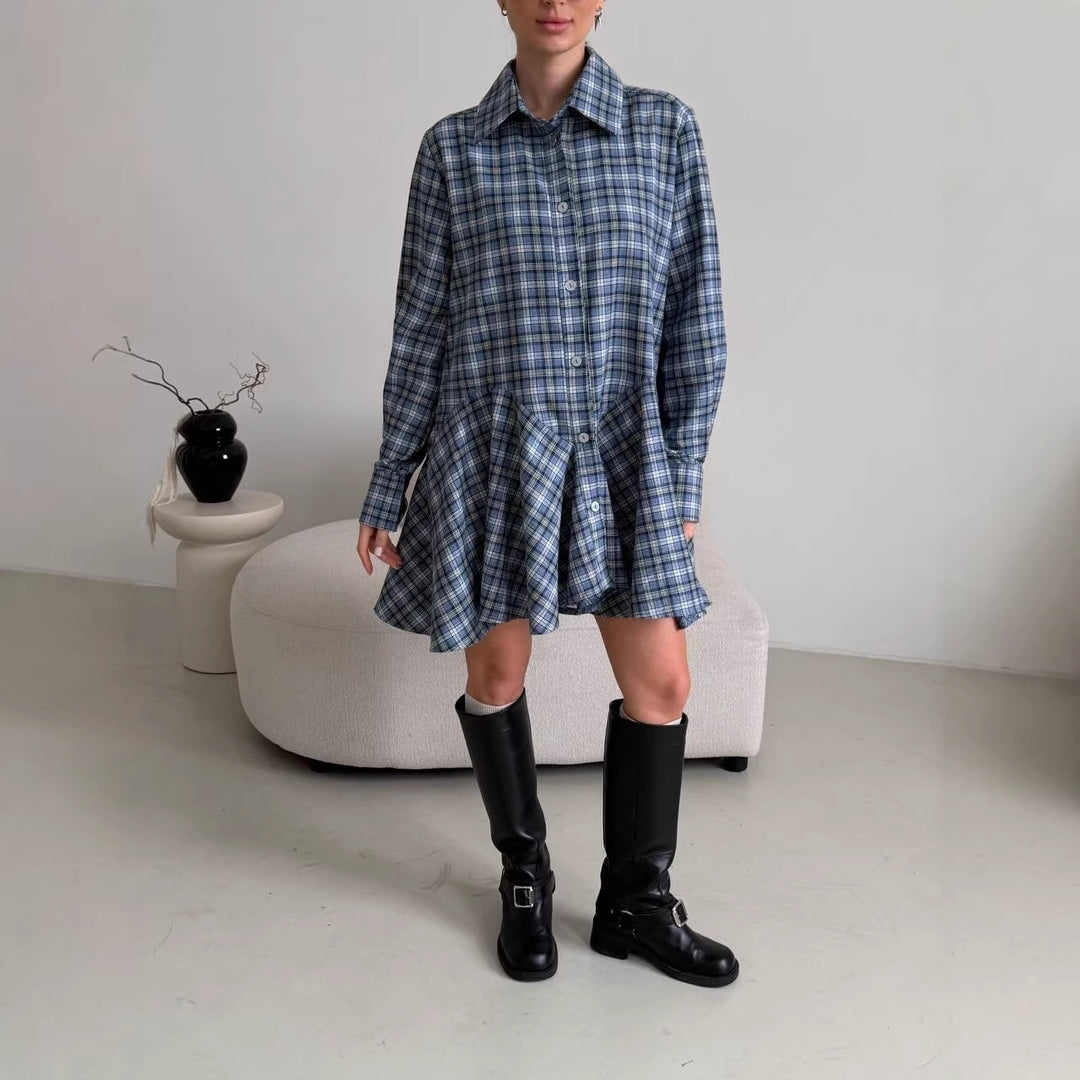 Damen Kariertes Hemdblusen-Minikleid mit ausgestellter Volant-Taille Drune