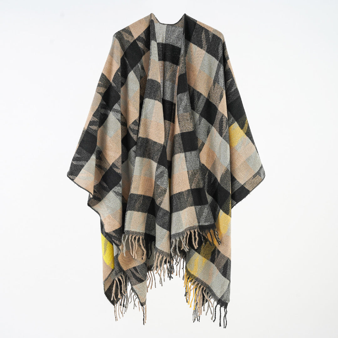 Damen Oversize-Plaidponcho mit Fransen und gewebtem Karomuster Drune