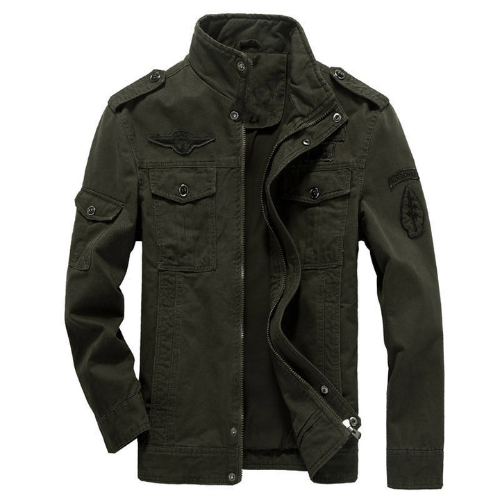 Herren Militärische Canvas Feldjacke mit Stehkragen, Pattentaschen und Abzeichen Drune