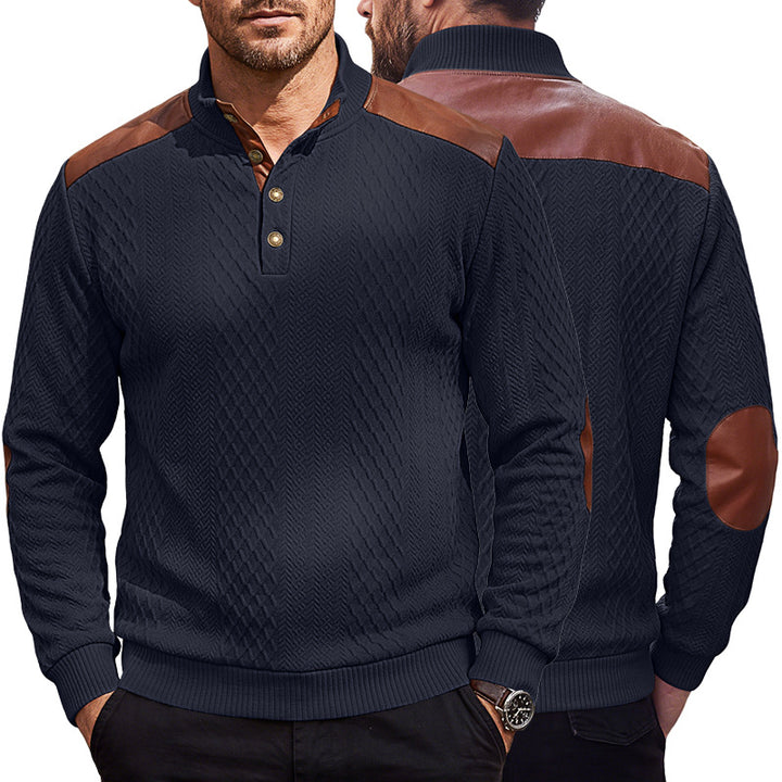 Herren Pullover mit Stehkragen, Zopfmuster und kontrastierenden Lederbesätzen Drune