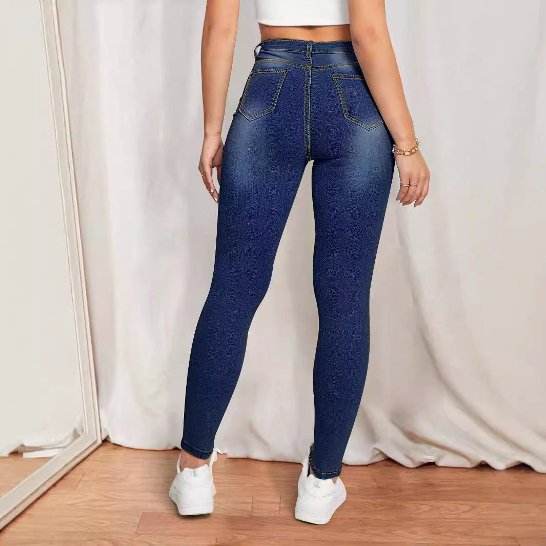 Damen High-Waist Skinny-Jeans mit aufgedruckten Margeriten und figurformendem Stretch Drune