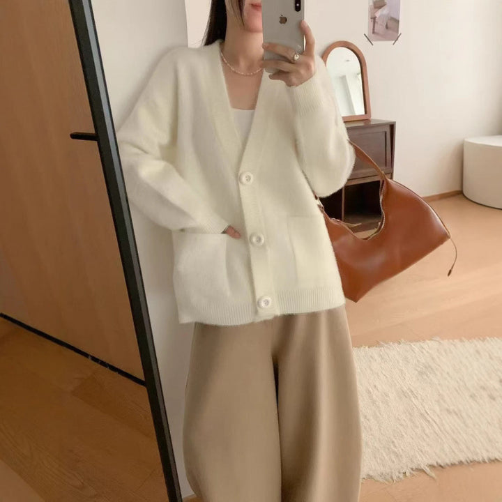 Damen Flauschiger Knopf-Cardigan mit eleganten Taschen Drune