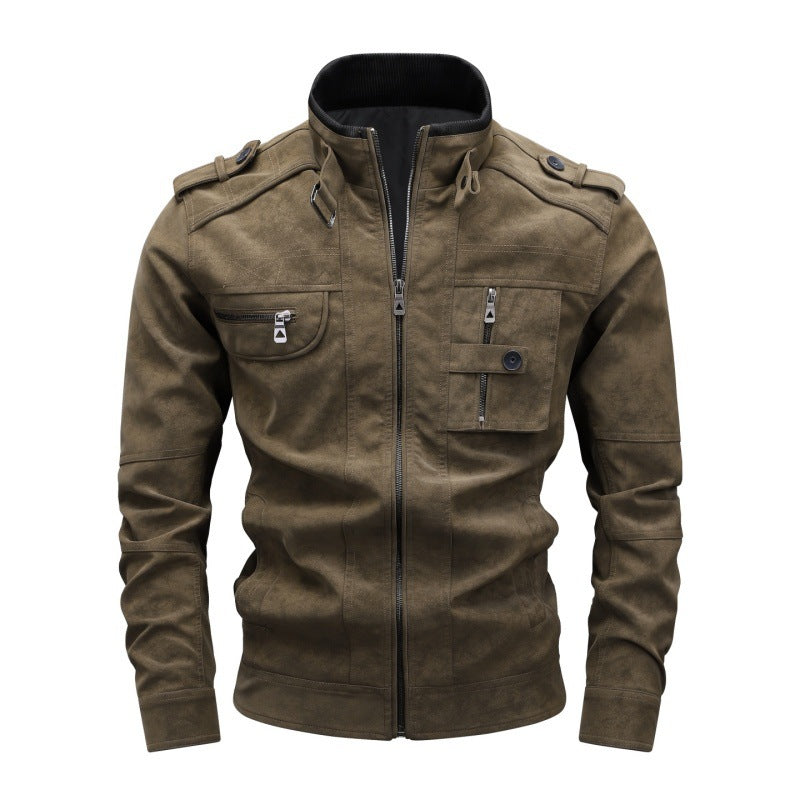 Herren Utility-Lederimitatjacke mit Stehkragen, Schulterklappen und multiplen Brusttaschen Drune