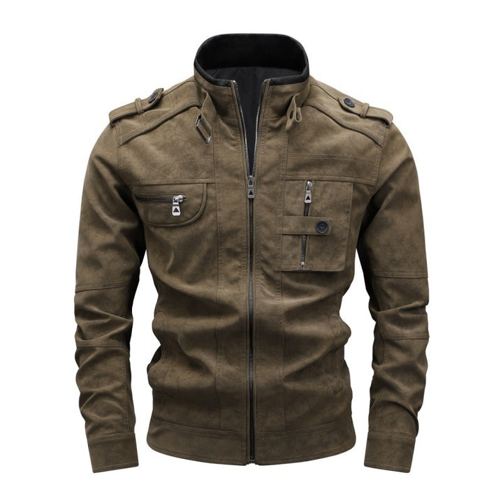 Herren Utility-Lederimitatjacke mit Stehkragen, Schulterklappen und multiplen Brusttaschen Drune