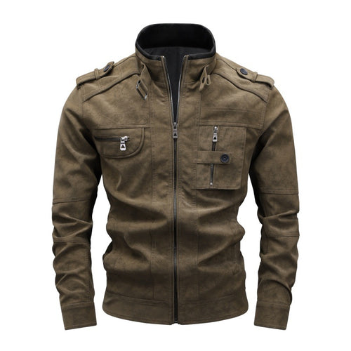 Herren Utility-Lederimitatjacke mit Stehkragen, Schulterklappen und multiplen Brusttaschen Drune