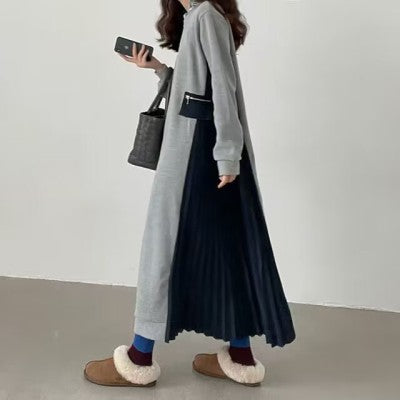 Damen Langes Oversize-Sweatkleid mit Rundhalsausschnitt, plissierten Seiteneinsätzen und Eingrifftaschen Drune