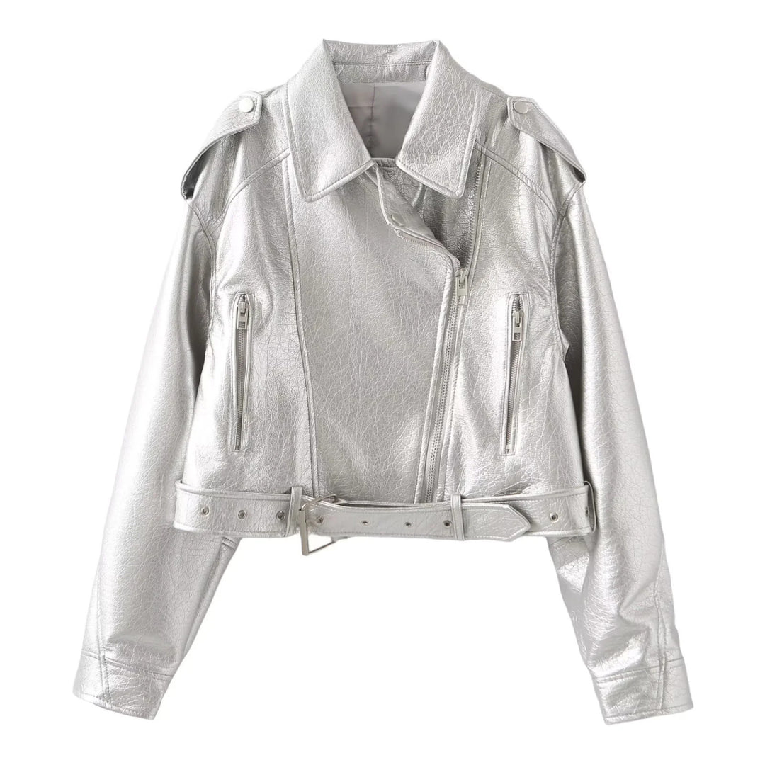 Damen nan kurzer Bikerjacke aus veganem Lederimitat mit asymmetrischem Reißverschluss, Taillengürtel und Schulterklappen Drune