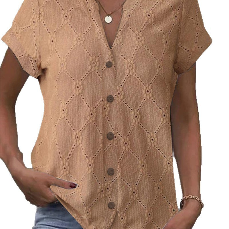 Damen nan kurzärmlige Broderie-Bluse mit V-Ausschnitt und durchgehender Knopfleiste Drune