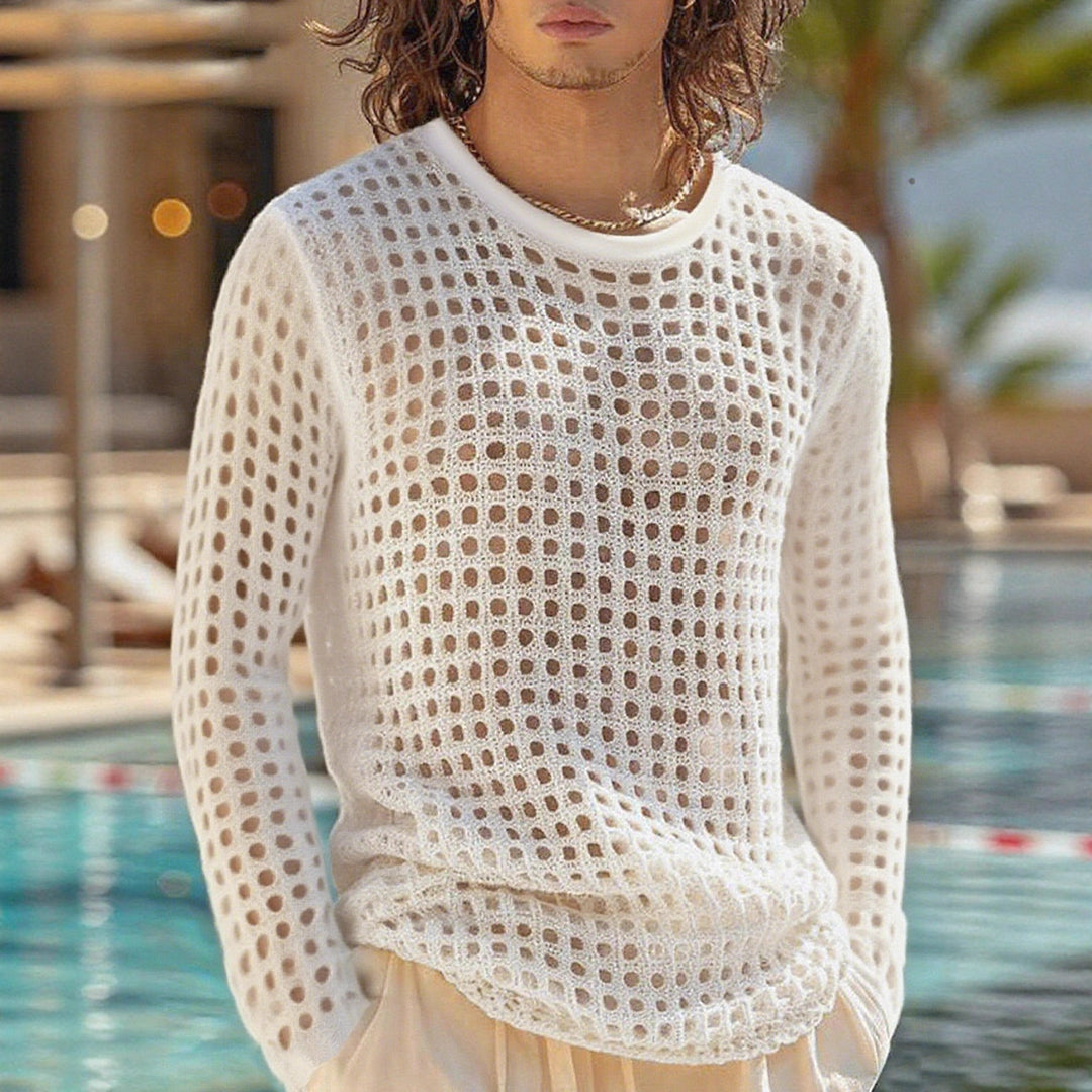 Herren nan luftiger durchbrochener Strickpullover mit quadratischem Netzmuster und Rundhalsausschnitt Drune