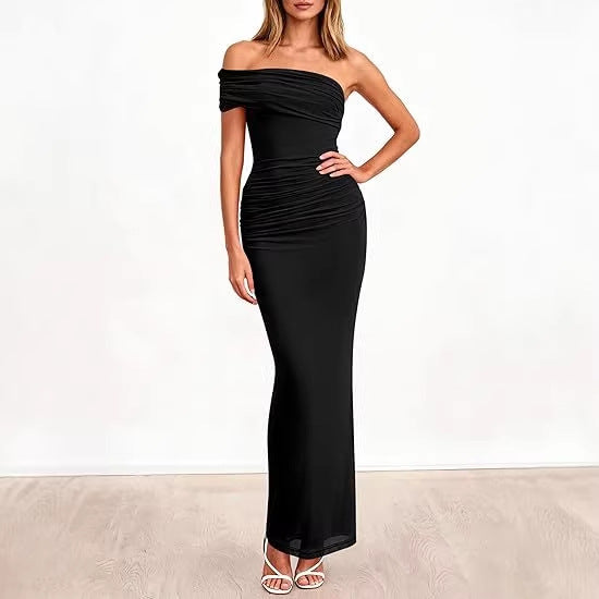 Damen Elegantes Maxi-Kleid mit schulterfreiem Design und raffinierten Drapierungen Drune
