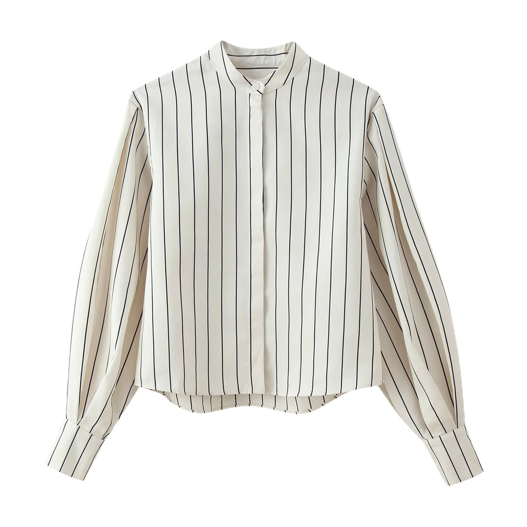 Damen Gestreifte Standkragen‑Bluse mit verdeckter Knopfleiste und Ballonärmeln Drune