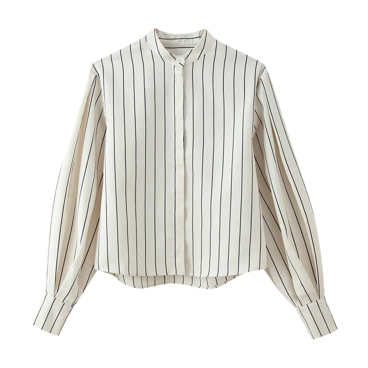 Damen Gestreifte Standkragen‑Bluse mit verdeckter Knopfleiste und Ballonärmeln Drune