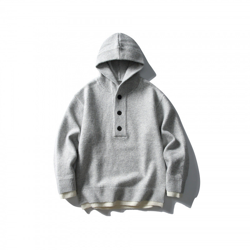 Unisex Strick‑Kapuzenpullover mit halber Knopfleiste, geripptem Saum und zweilagigem Abschluss Drune