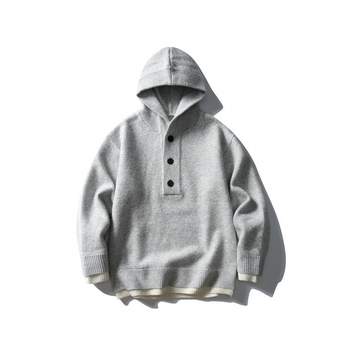 Unisex Strick‑Kapuzenpullover mit halber Knopfleiste, geripptem Saum und zweilagigem Abschluss Drune