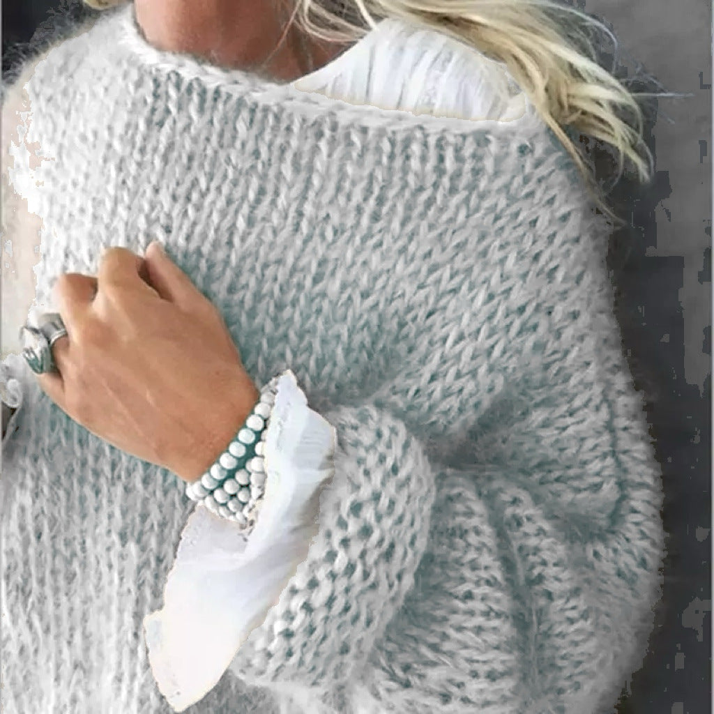 Damen Kurzgeschnitteter flauschiger Grobstrickpullover mit überschnittener Schulter Drune