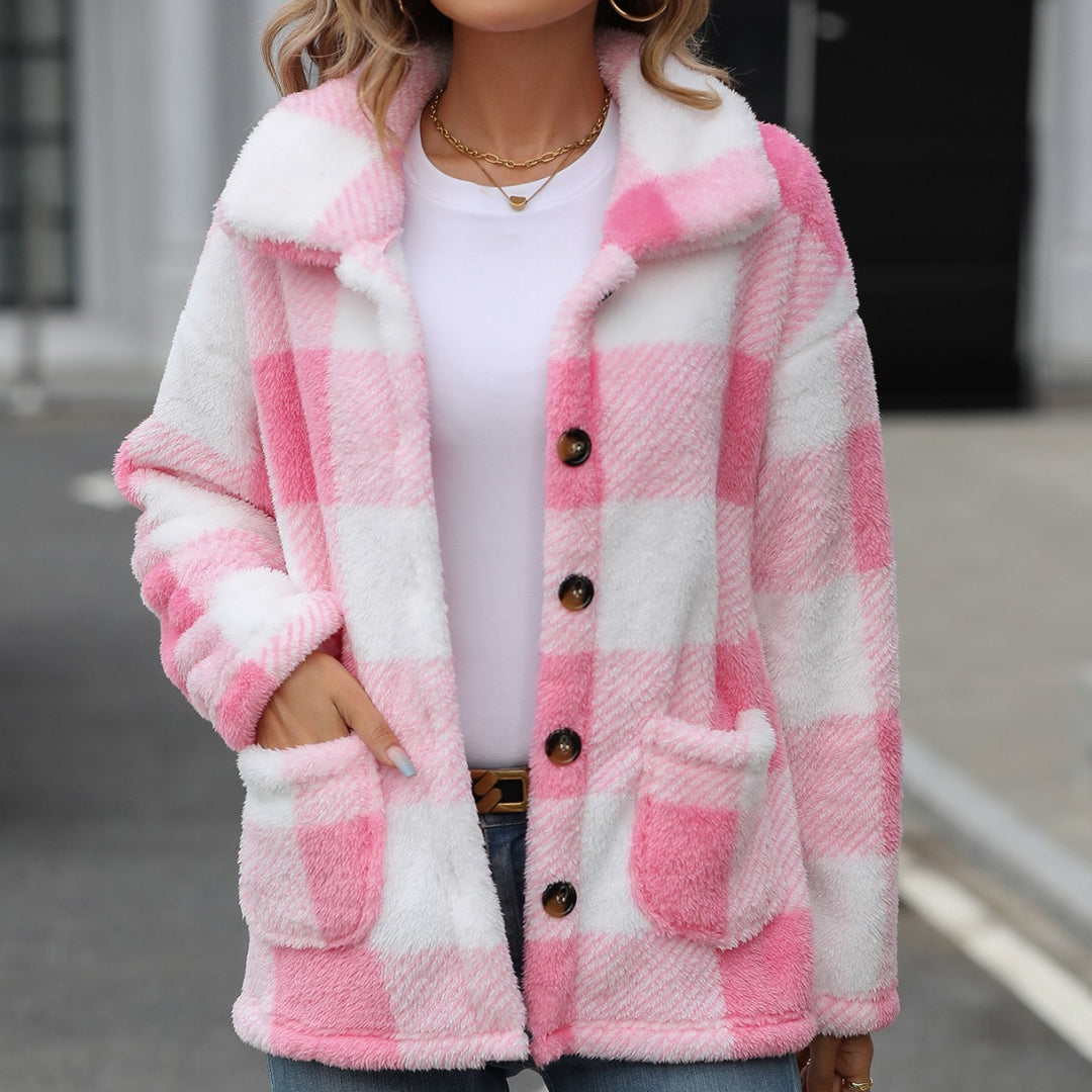 Damen Plüschjacke mit angesagtem Karomuster und praktischen Taschen Drune