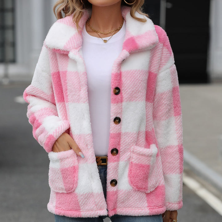 Damen Plüschjacke mit angesagtem Karomuster und praktischen Taschen Drune