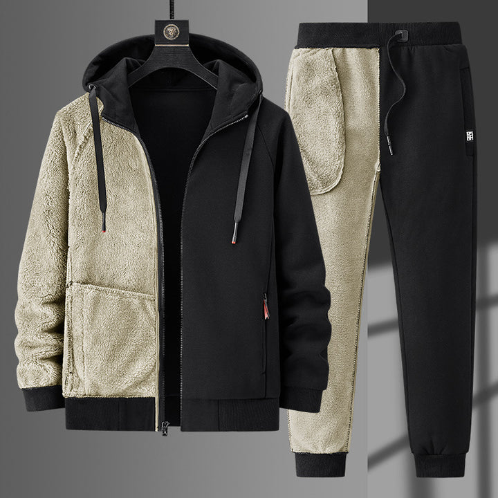Herren Fleecegefüttertes Zip-Hoodie und Jogginghose Set mit Teddyfutter Drune