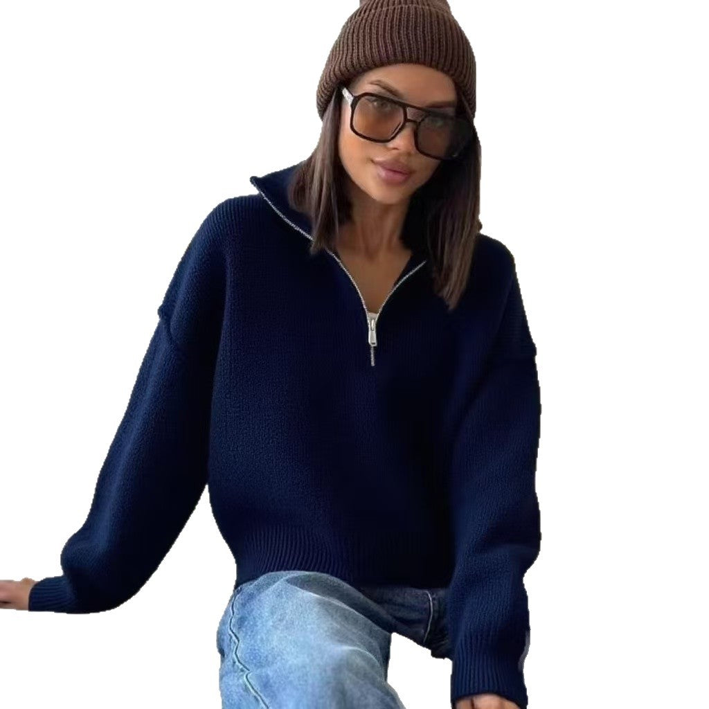 Damen Grobstrick Pullover mit Halbreißverschluss und oversized Passform Drune