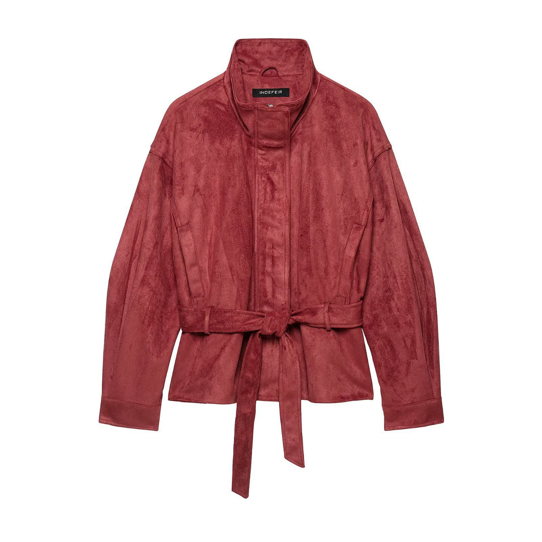 Damen Kimonoinspirierte Veloursjacke mit Bindegürtel und hohem Stehkragen Drune