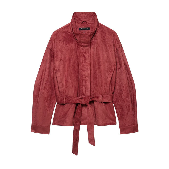 Damen Kimonoinspirierte Veloursjacke mit Bindegürtel und hohem Stehkragen Drune